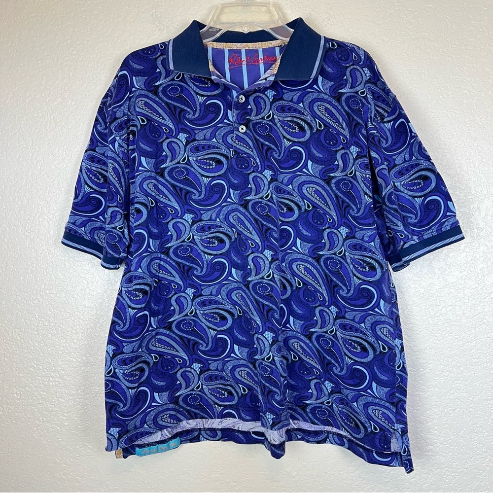 ROBERT GRAHAM Blue Navy Purple Paisley Abstract Cotton Short Sleeve Polo Shirt